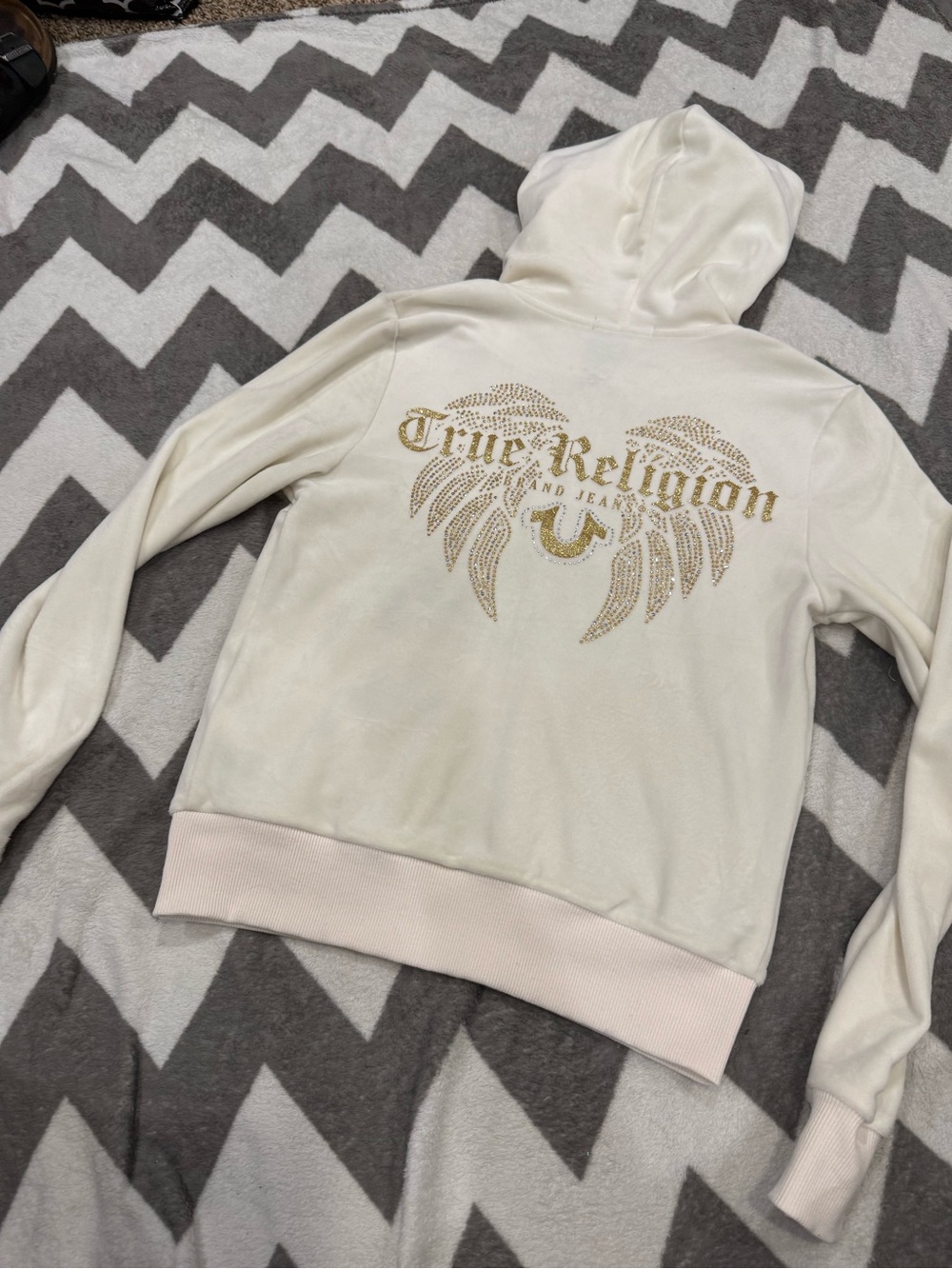 True Religion Cream Angel Rhinestone zipup Hoodie with Gold Wings-Extra smal